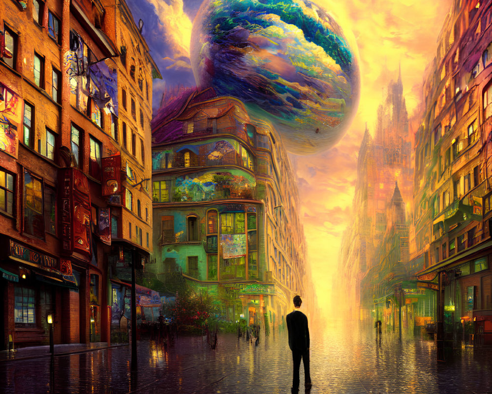 Person gazes at giant planet over dreamlike cityscape