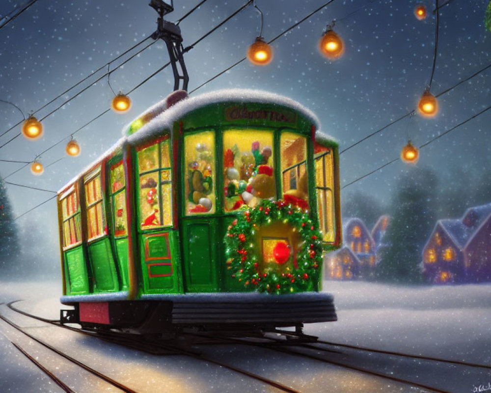 Festive green tram in snowy scene with Christmas decorations