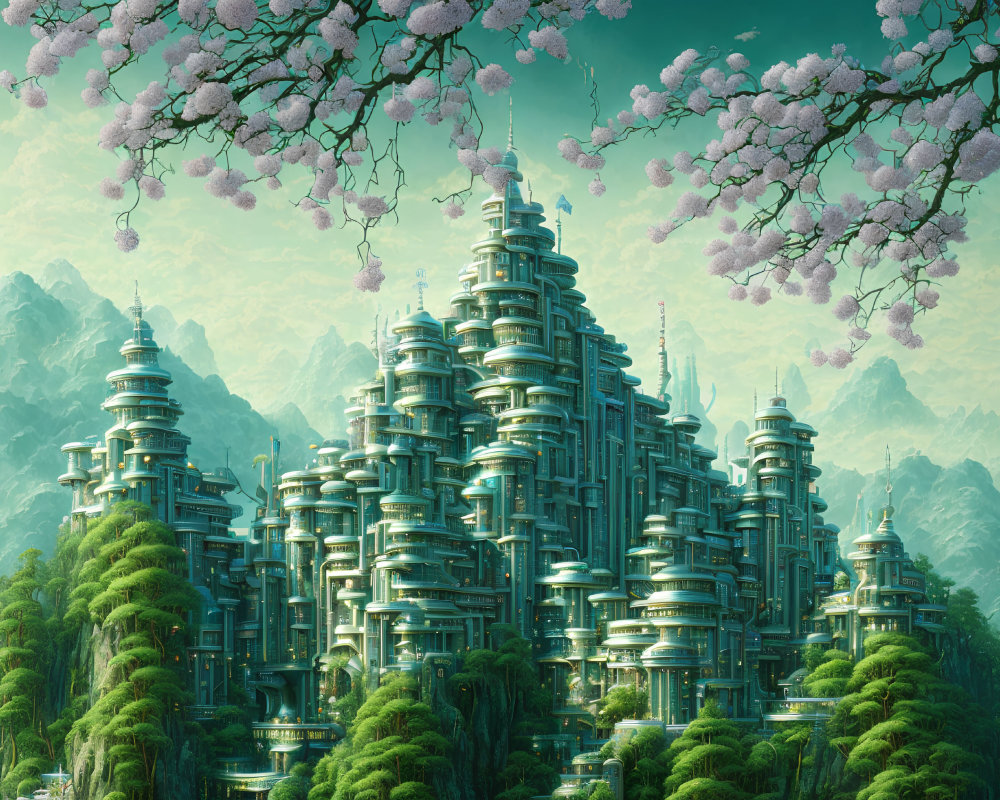 Futuristic cityscape with layered structures and cherry blossoms in green landscape