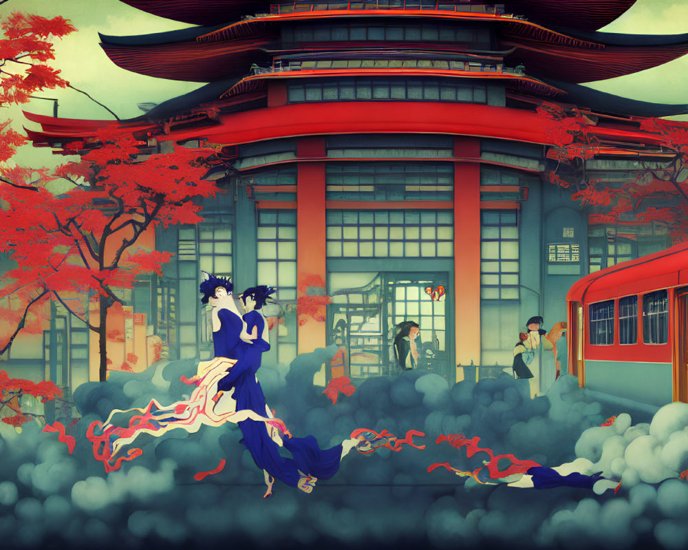 Animated characters in traditional attire levitate over red temple and vintage tram amid clouds.