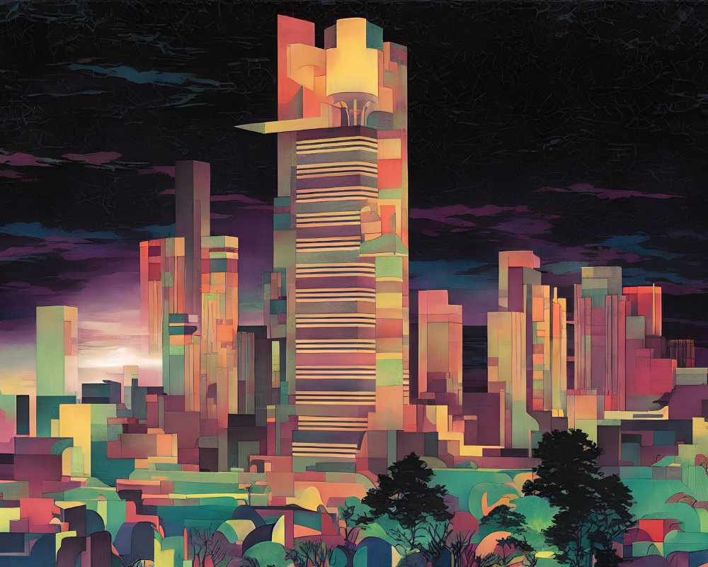 Futuristic cityscape artwork with vibrant, glowing lights