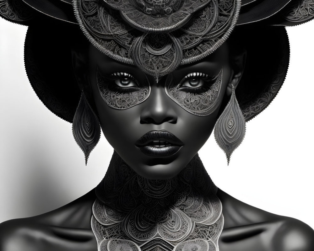 Monochrome digital art of woman with lace patterns and dark skin tone