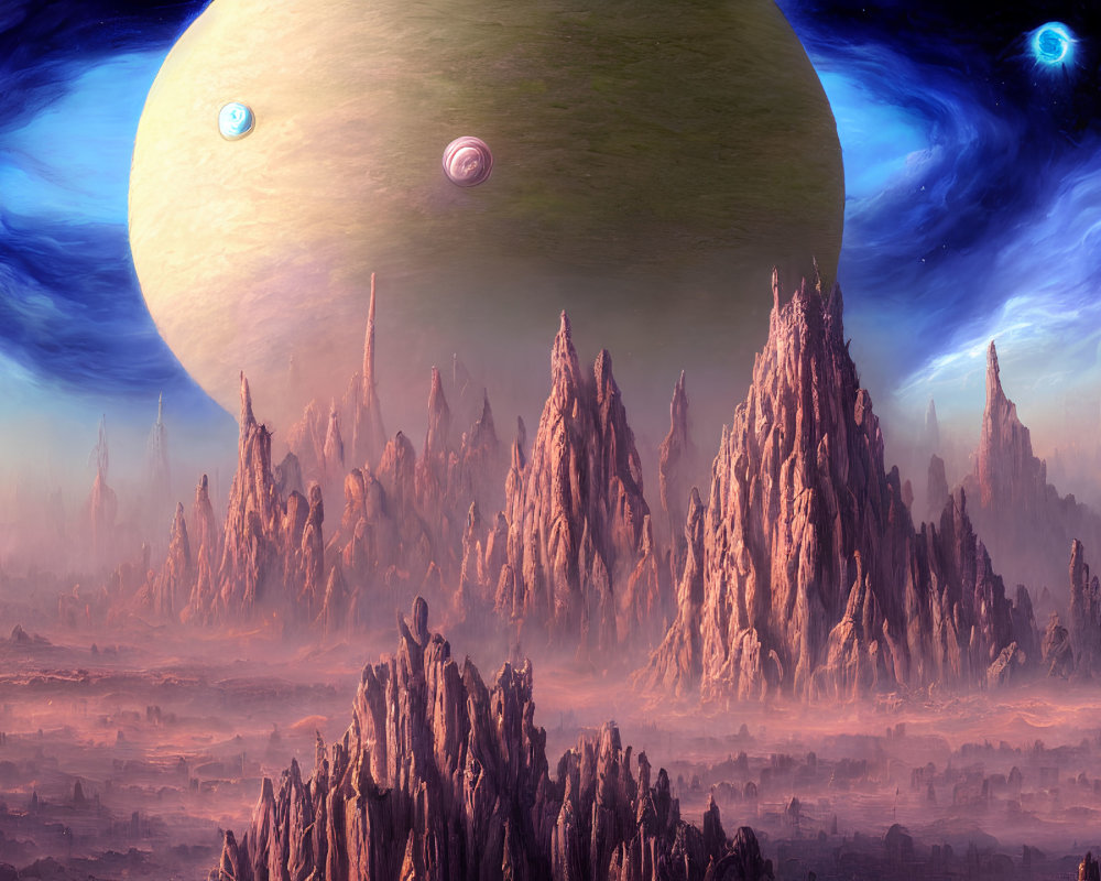 Alien landscape with rocky spires, yellow planet, and celestial bodies