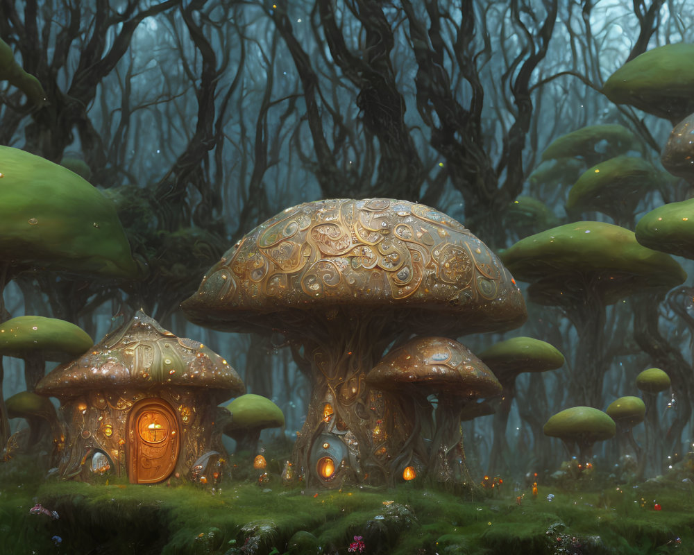 Enchanted forest with oversized illuminated mushrooms in mystical foggy setting