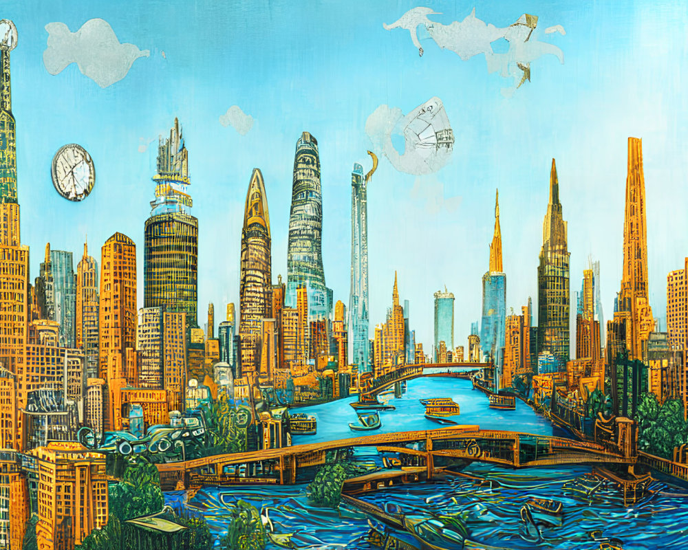 Panoramic cityscape artwork with iconic skyscrapers, river, boats, and whimsical flying