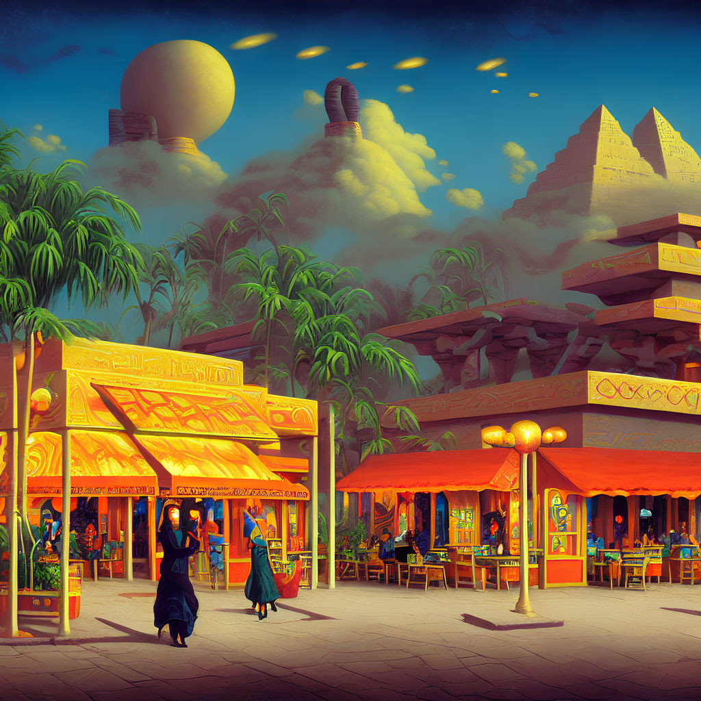 Colorful market scene with pyramids and moon in twilight sky