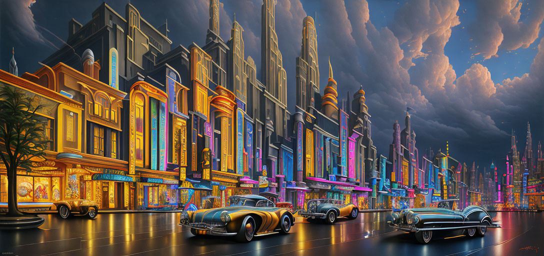 Vibrant city street with retro-futuristic architecture and classic cars at twilight