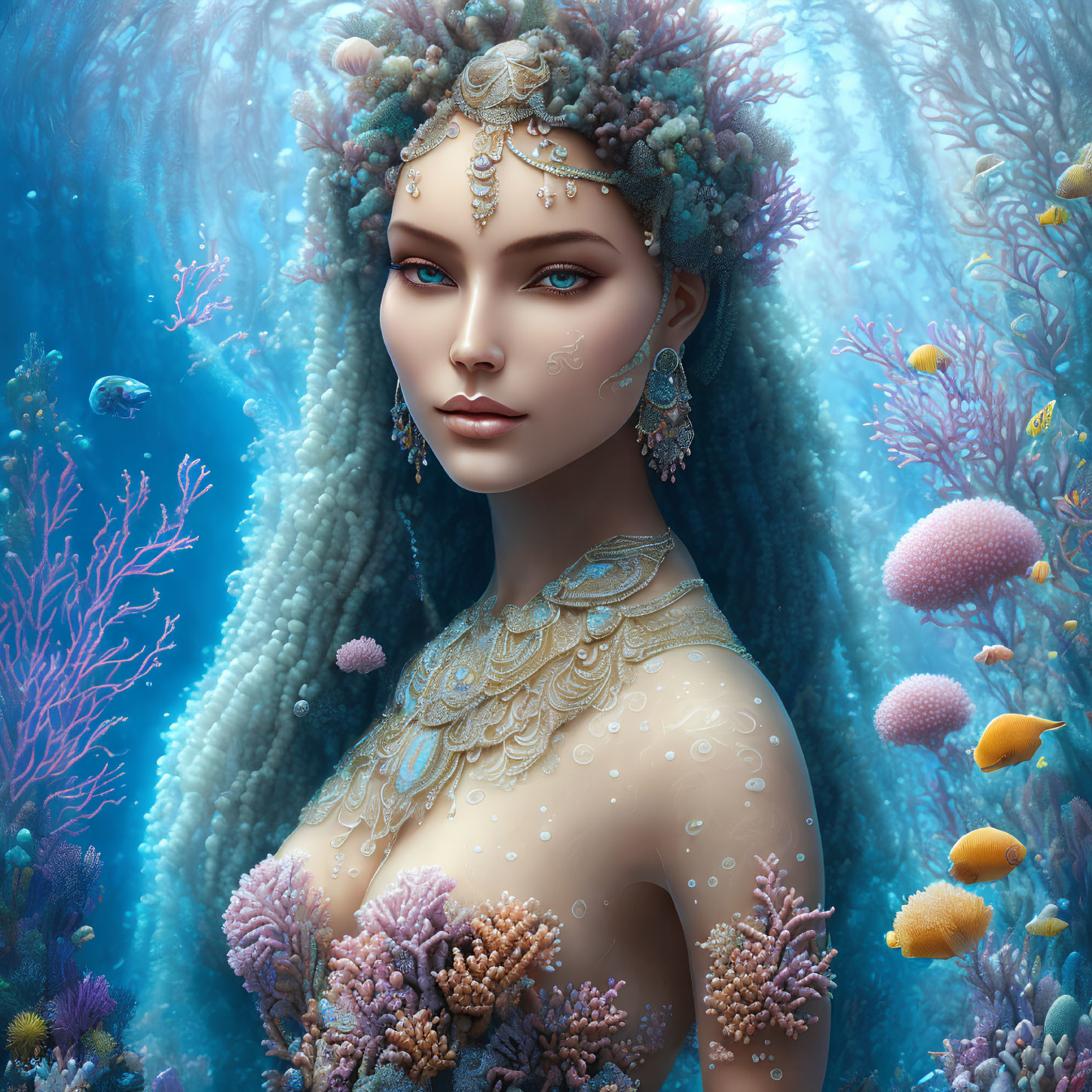 Ethereal underwater scene with elegant female figure and colorful coral & fish