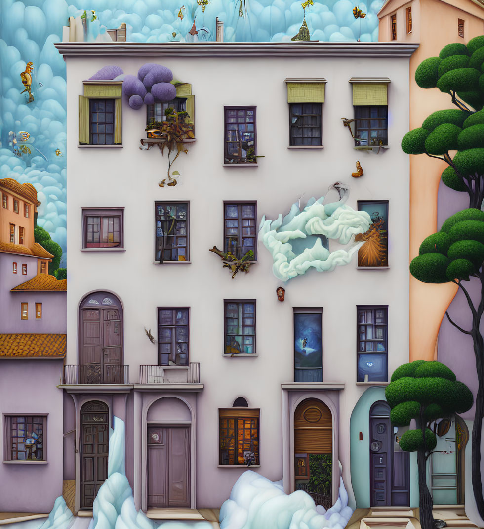 Whimsical multi-story building with surreal elements