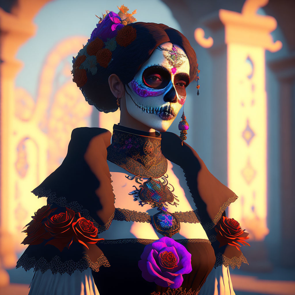Intricately painted skull makeup with roses and traditional attire in sunset-lit scene