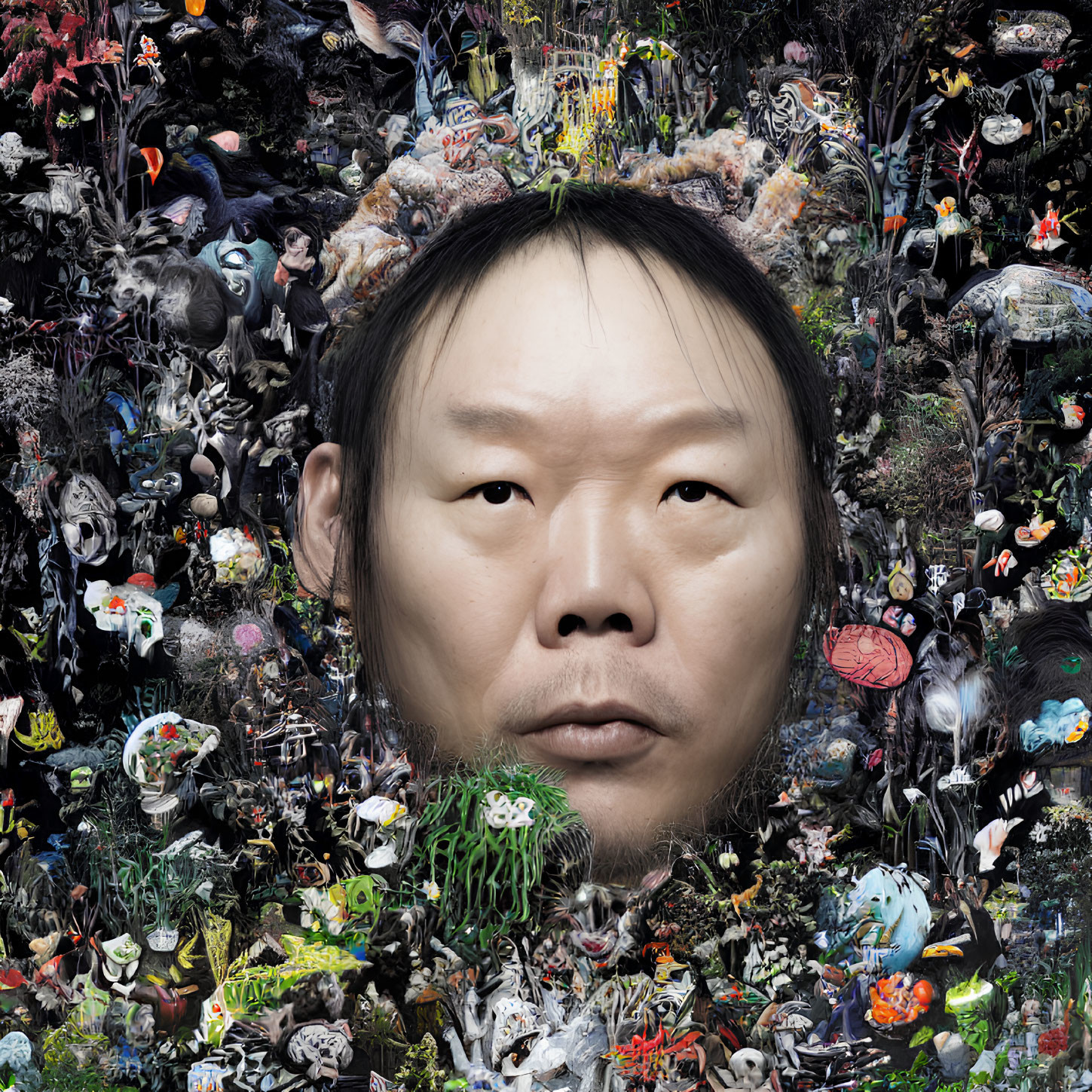 Man's Face Surrounded by Collage of Animals, Cartoons, and Abstract Elements