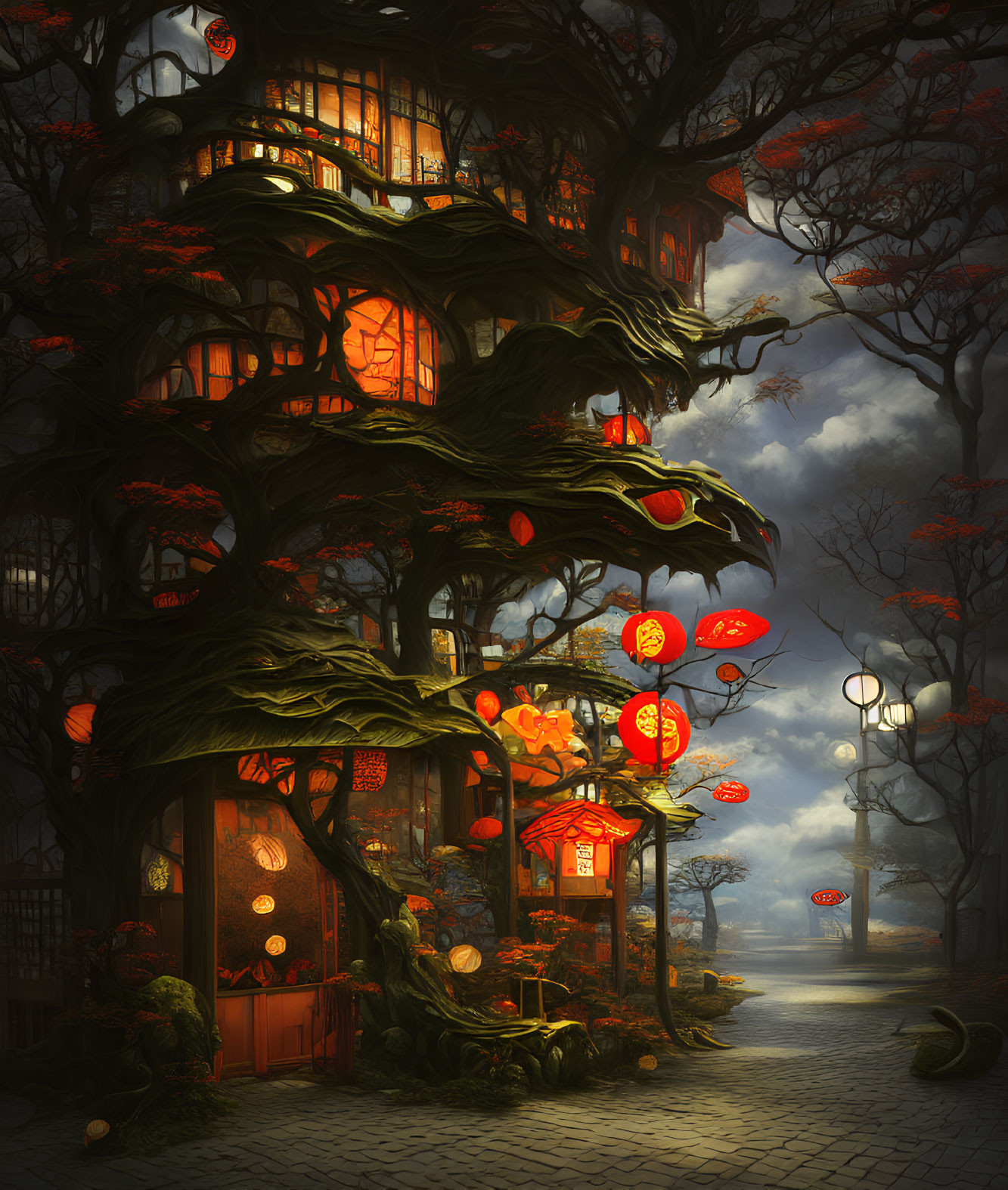 Enchanting multi-level treehouse with warm glowing windows and red lanterns in mystical, foggy