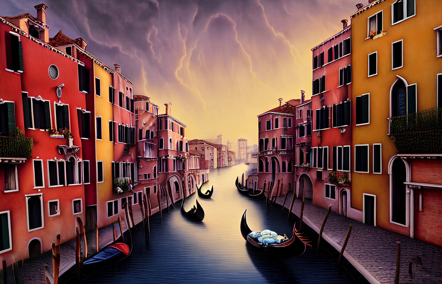 Venice Canal with Gondolas Amid Colorful Buildings and Lightning Sky