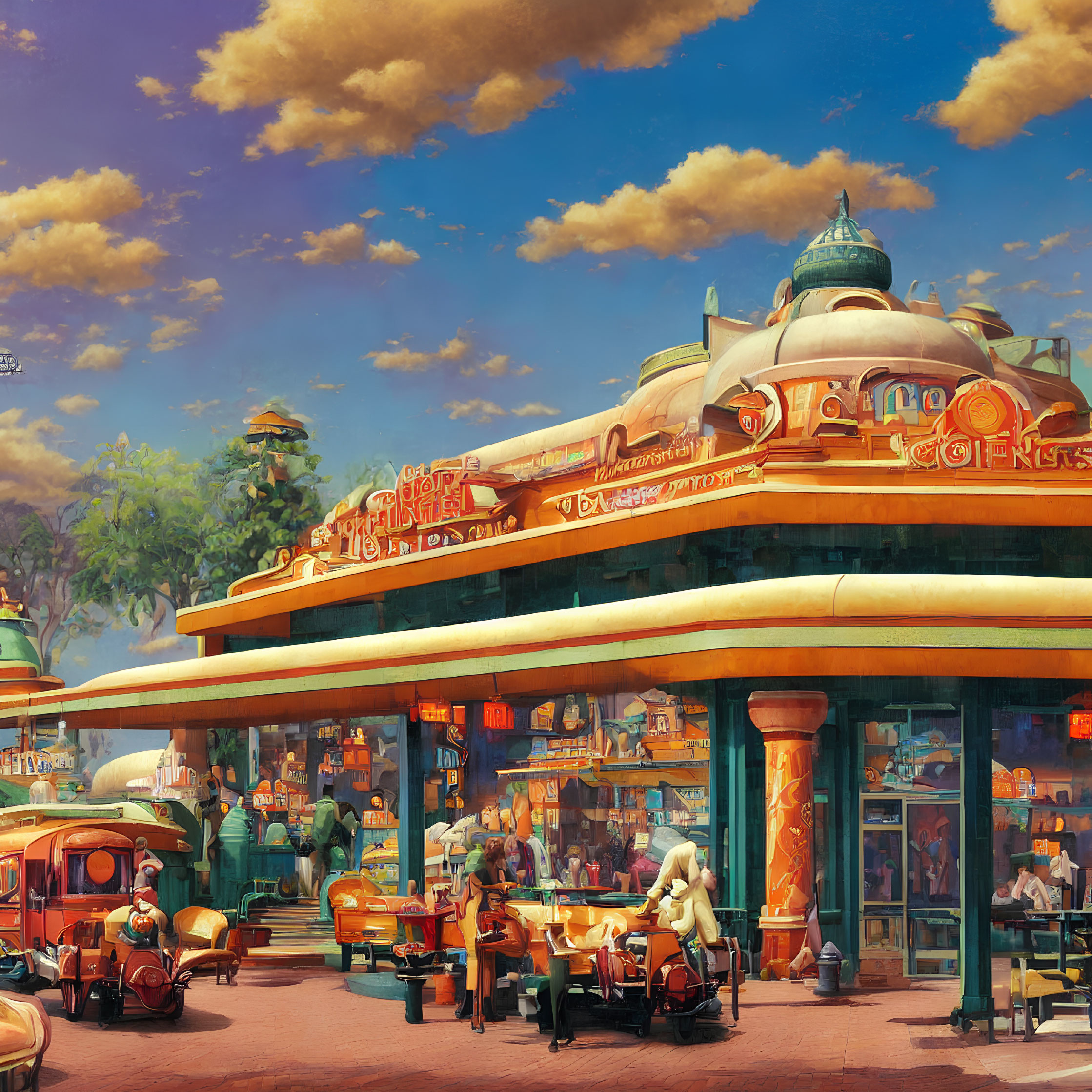 Vibrant retro-futuristic street scene with vintage vehicles and bustling crowd