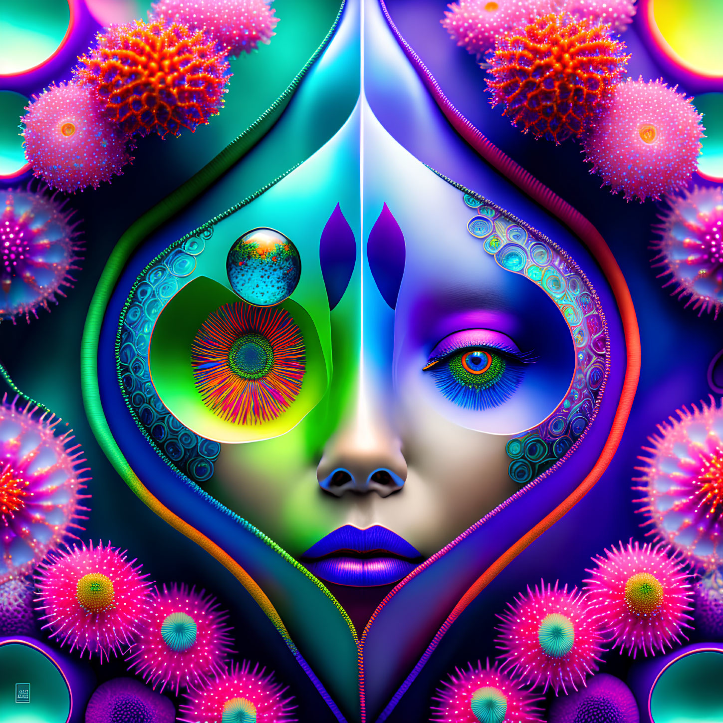 Symmetrical Face Artwork with Neon Colors and Intricate Patterns