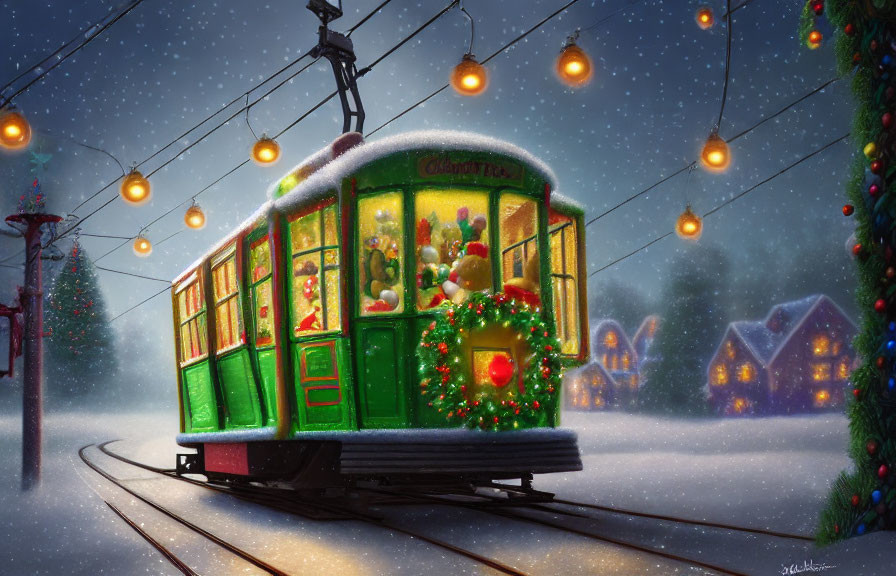 Festive green tram in snowy scene with Christmas decorations