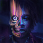 Colorful half-human, half-mechanical face in vivid digital artwork