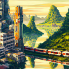 Futuristic train in lush landscape with towering buildings and traditional houses