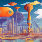 Futuristic cityscape with floating transportation pods and vibrant colors