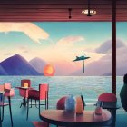 Seaside cafe patrons admire pastel sky and calm sea