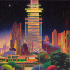 Futuristic night cityscape with illuminated buildings & towering central structure