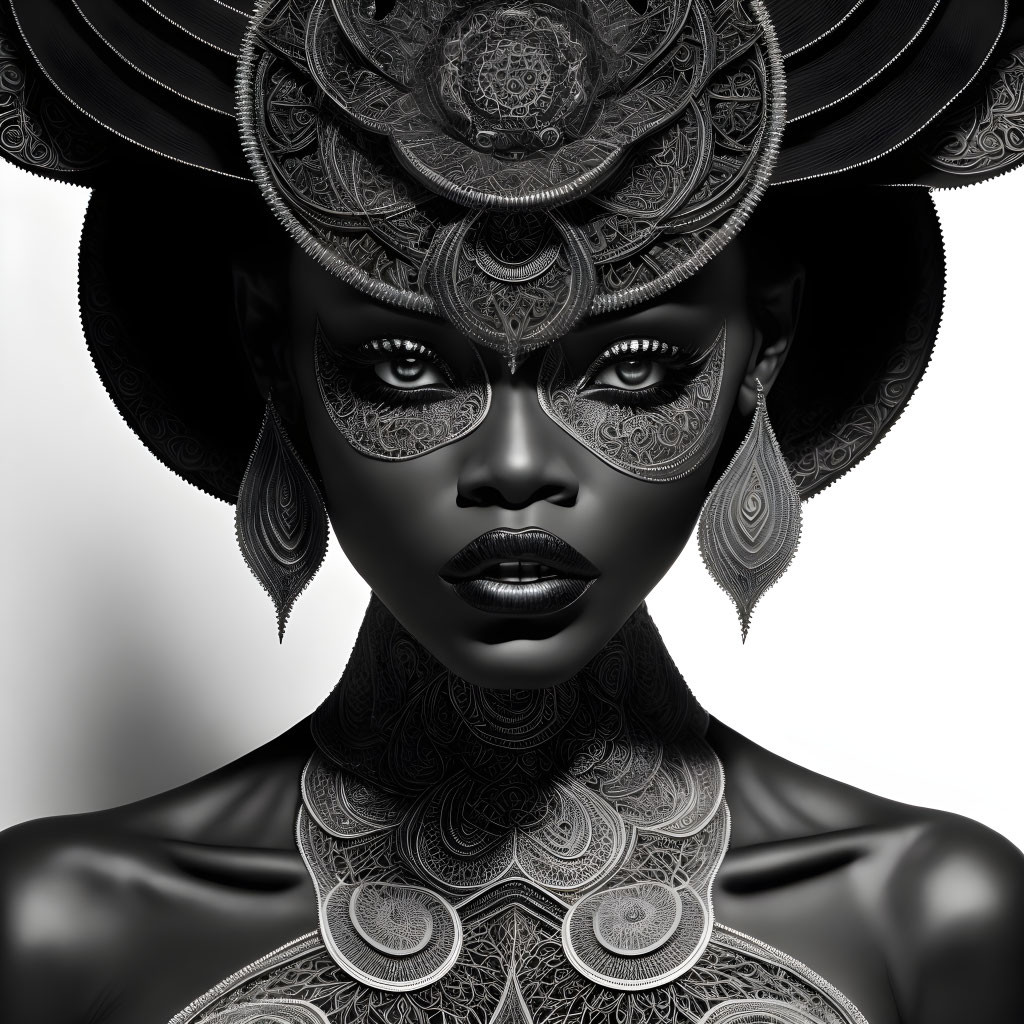 Monochrome digital art of woman with lace patterns and dark skin tone