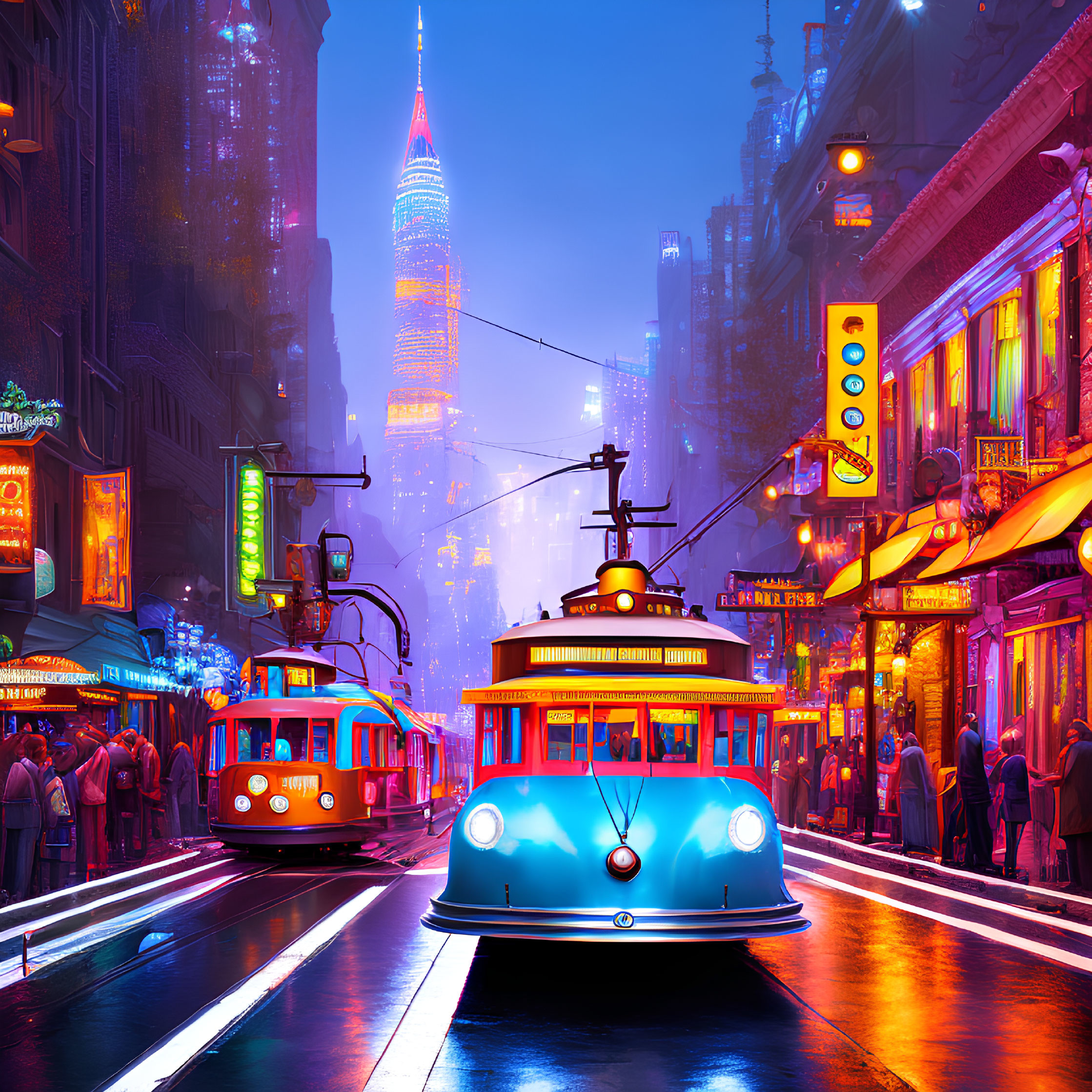 Colorful night cityscape with neon signs, trams, and skyscraper
