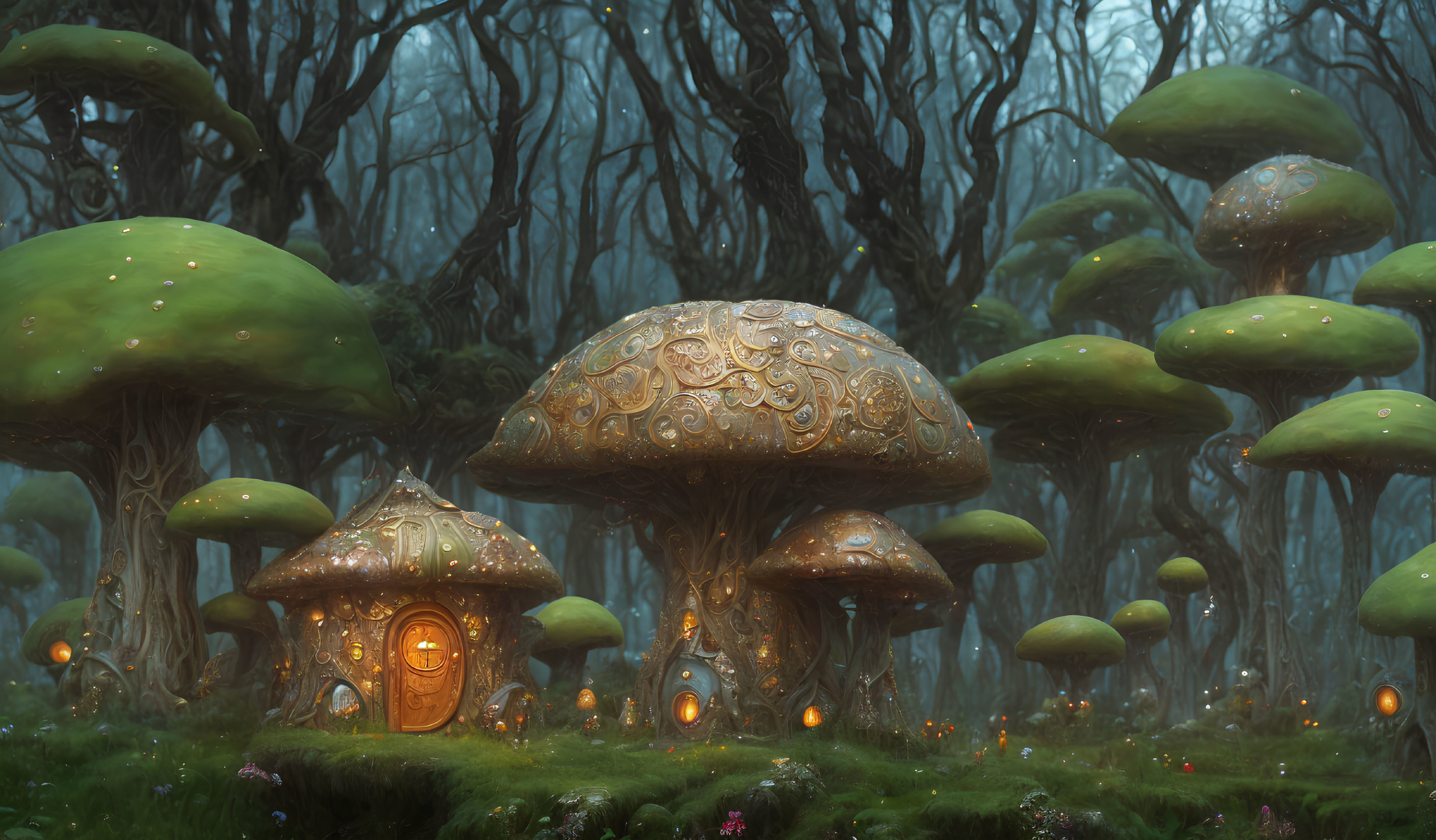 Enchanted forest with oversized illuminated mushrooms in mystical foggy setting