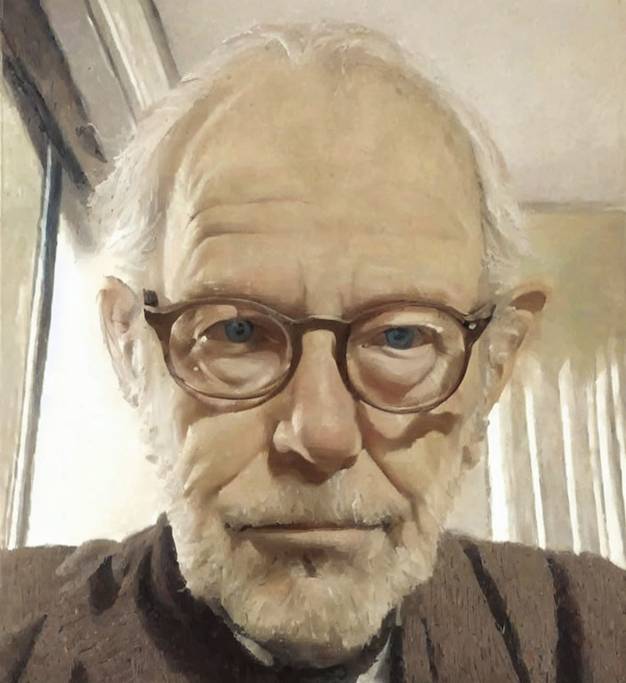 Elderly man with white hair, beard, and blue glasses in portrait with painting-like quality