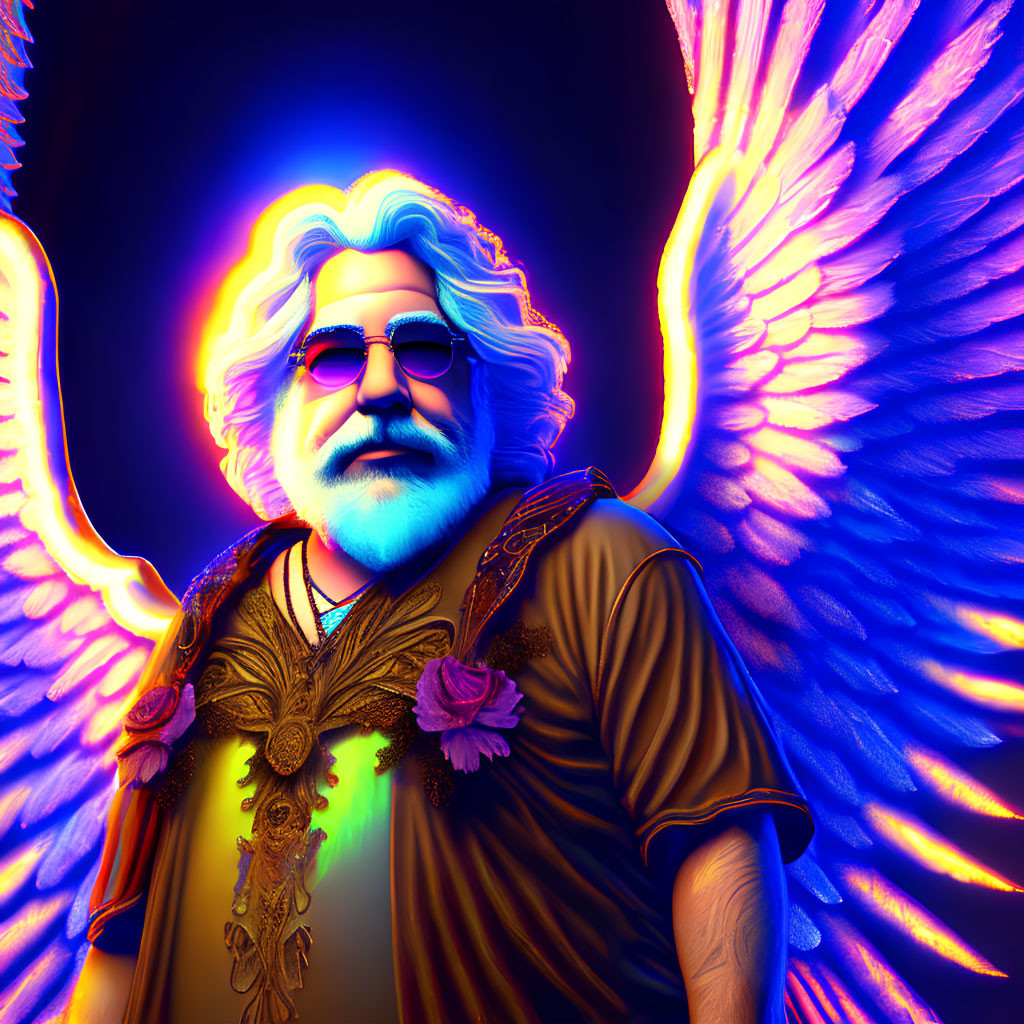 Colorful digital artwork: figure with wings, spectacles, and halo on glowing blue background