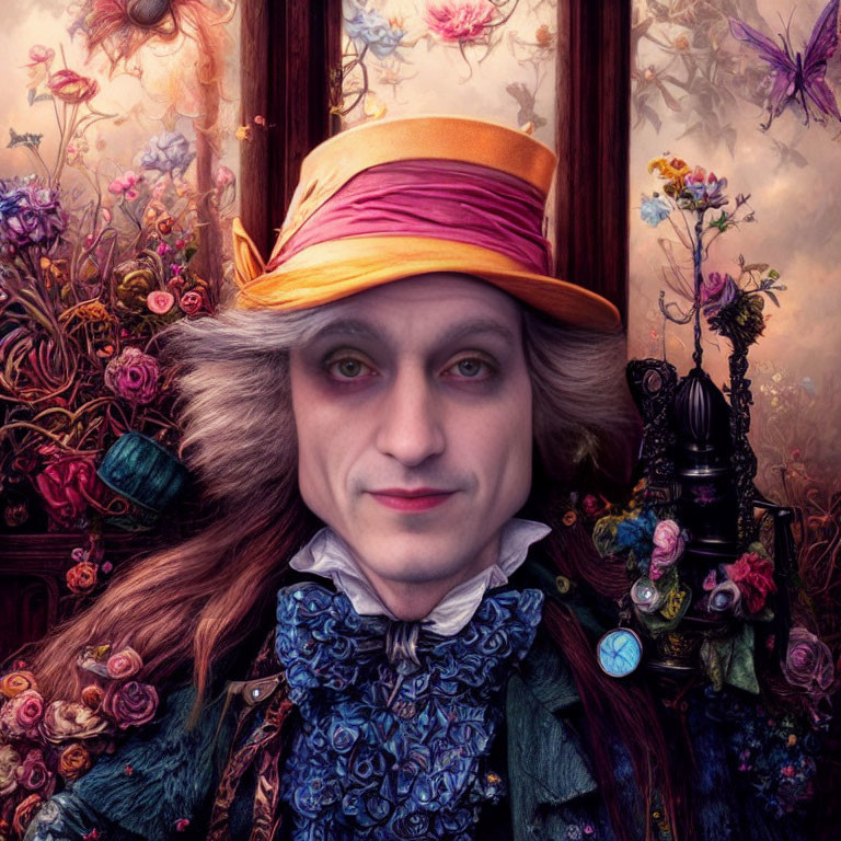 Colorful Mad Hatter Costume with Whimsical Floral Surroundings