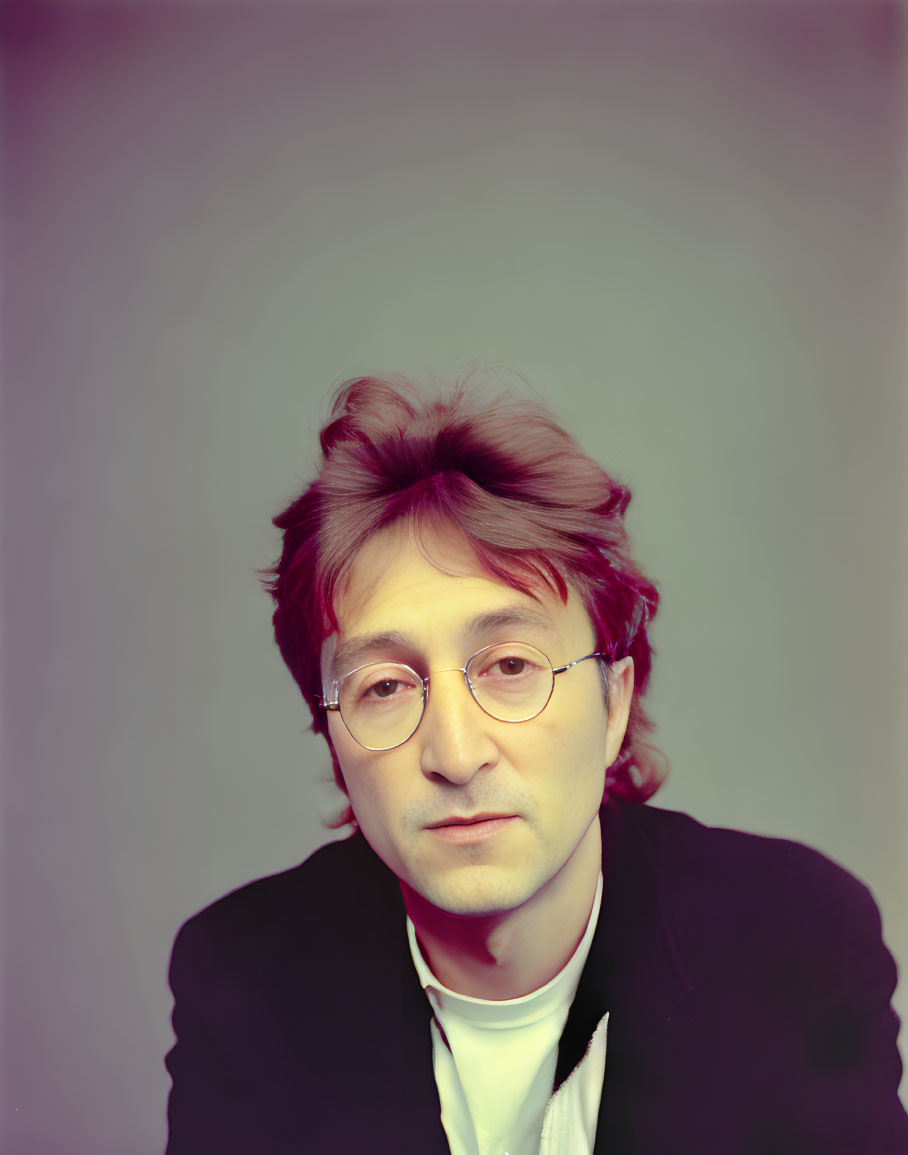 Man with Shoulder-Length Hair and Round Glasses on Gray Backdrop