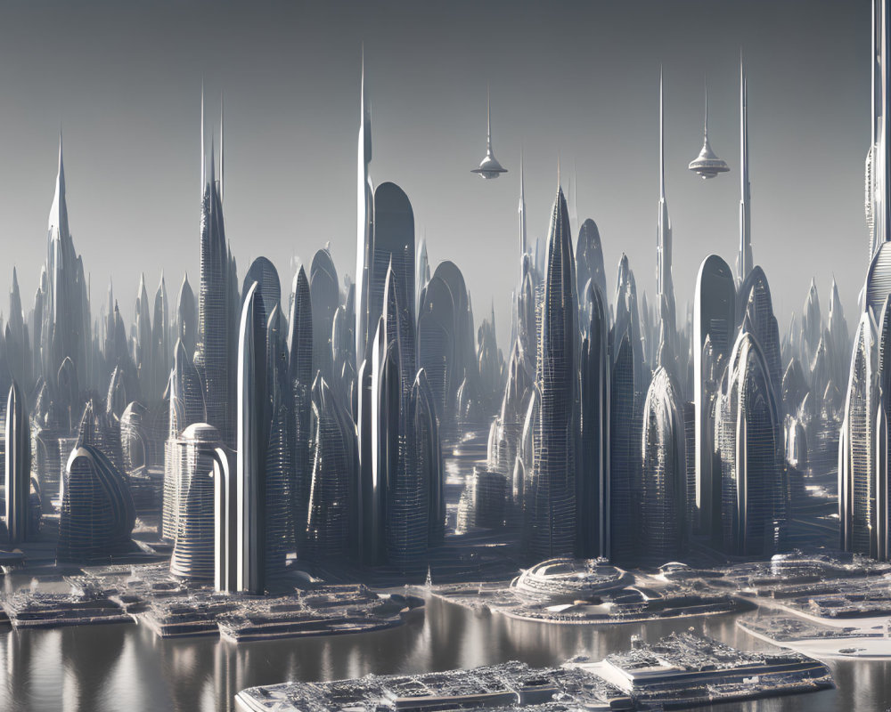 Sleek skyscrapers and airships in futuristic cityscape by the waterfront