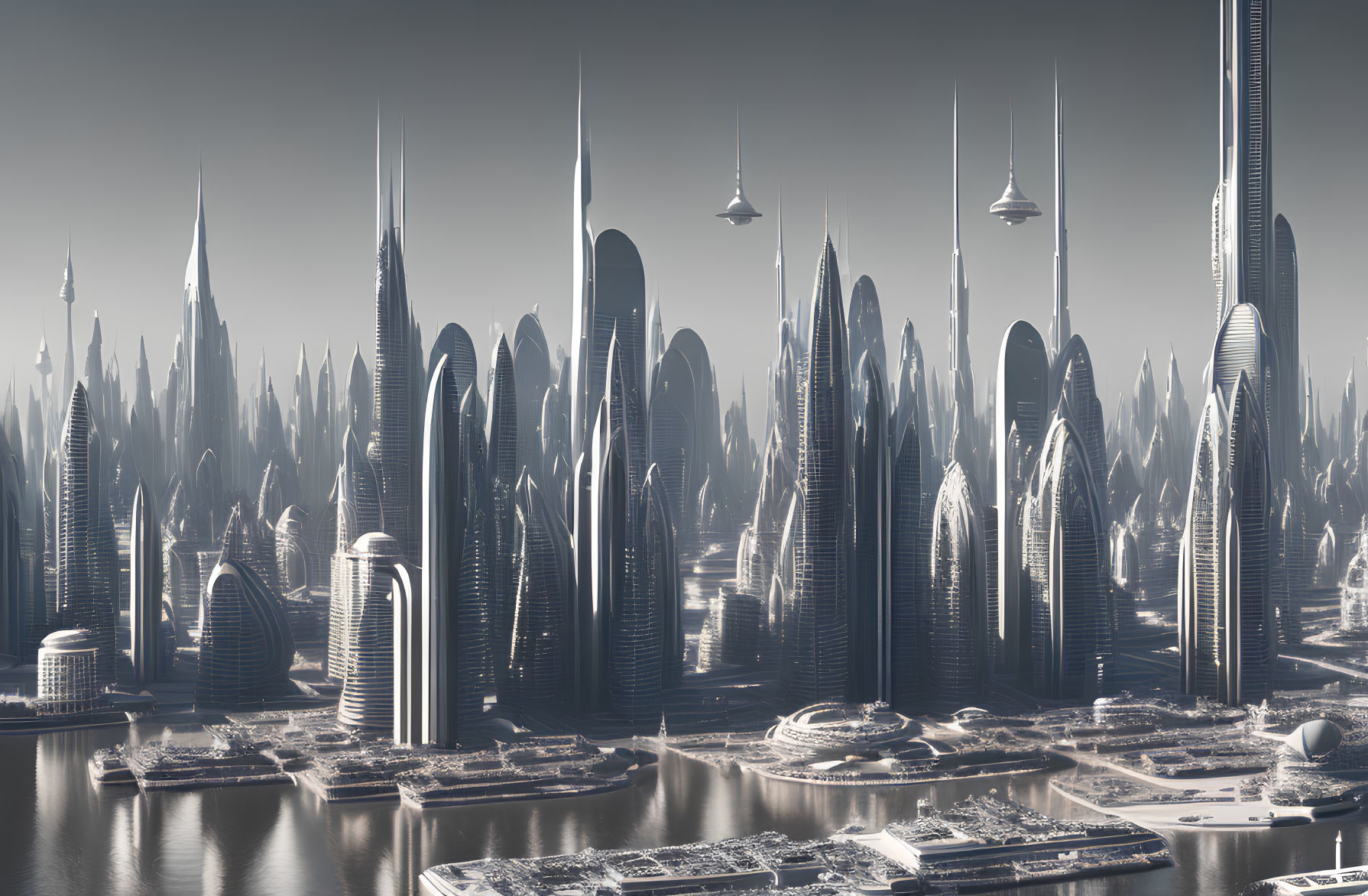 Sleek skyscrapers and airships in futuristic cityscape by the waterfront