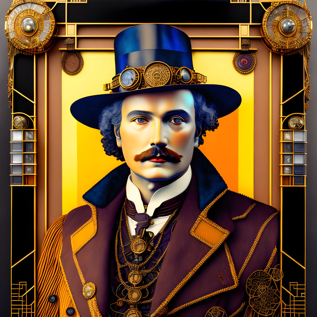 Steampunk themed digital portrait of a man with a mustache and top hat