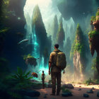 Explorers in lush forest with cliffs, waterfall, and birds