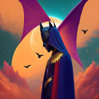 Stylized Batman illustration with purple cape and sunset sky