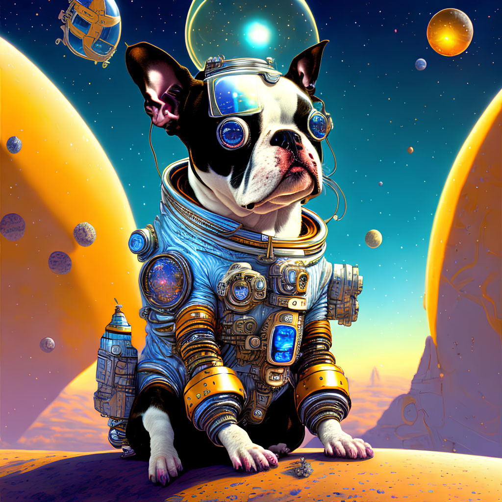 Boston Terrier in Space Suit on Alien Planet with Spaceships - Whimsical & Colorful Scene