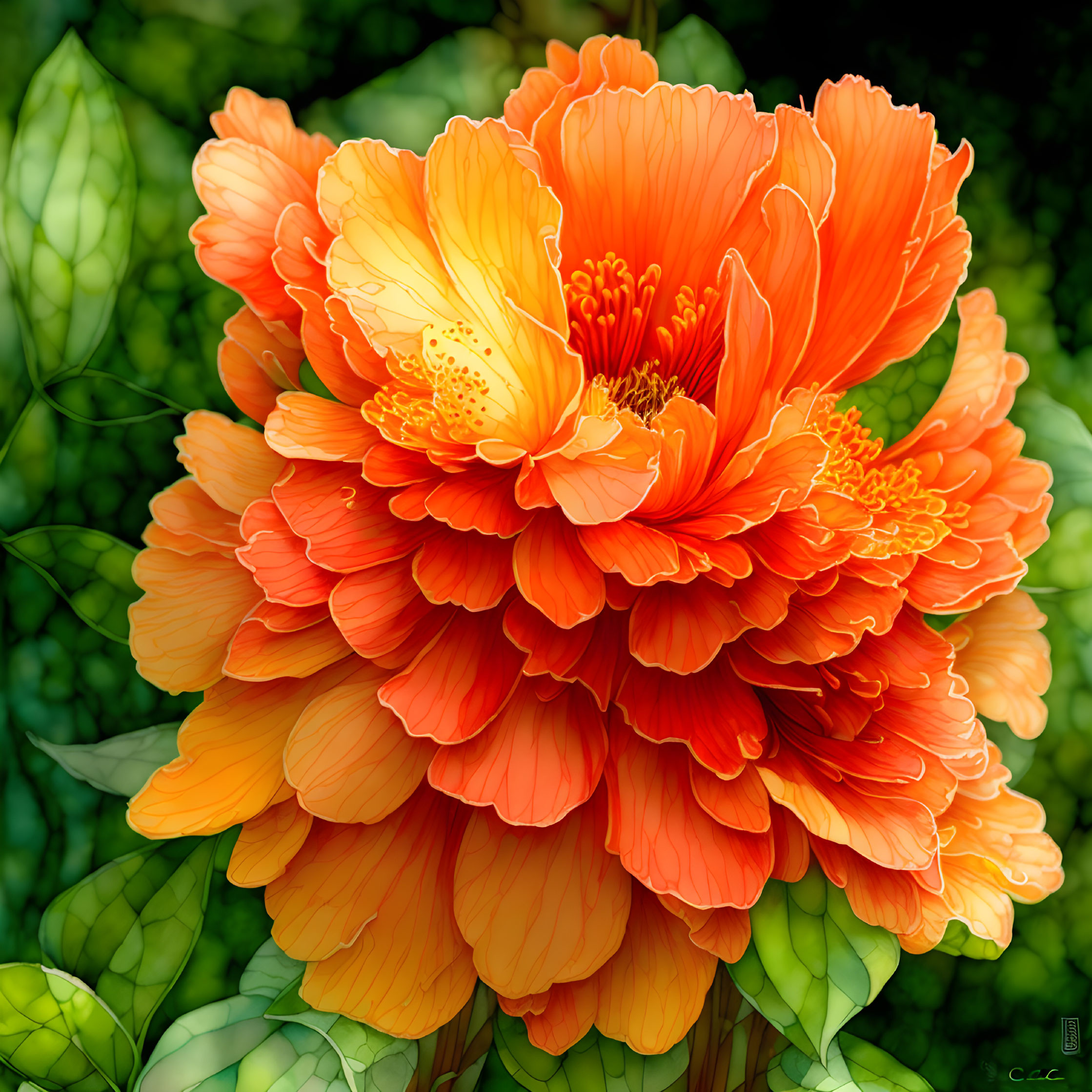 Orange floral on green foliage 