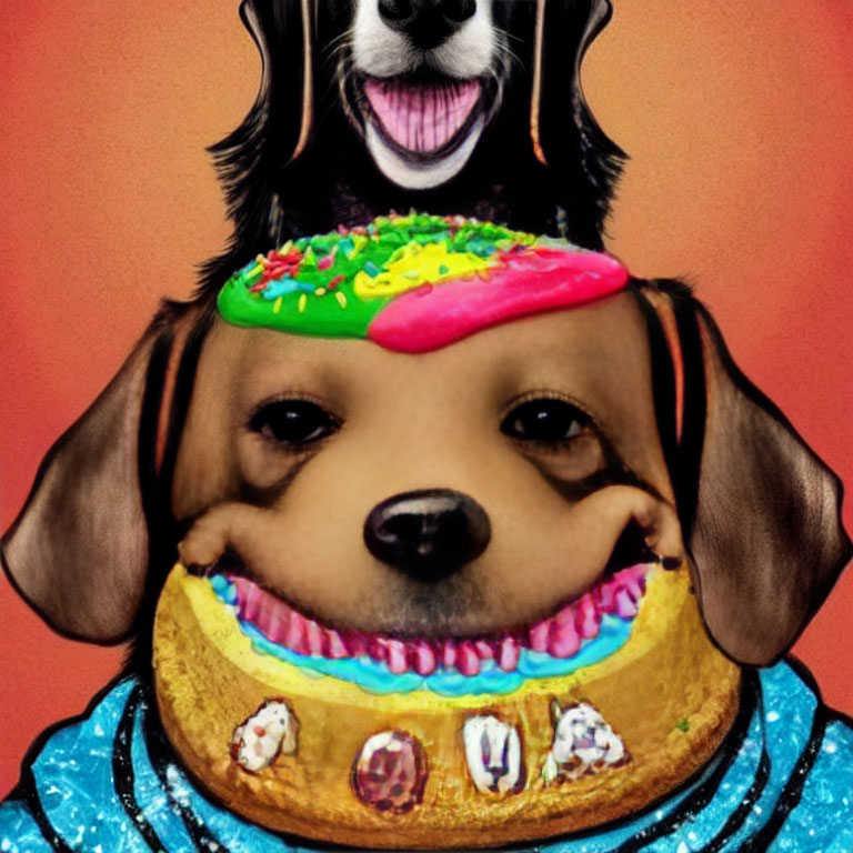 Whimsical hot dog dog art on red background