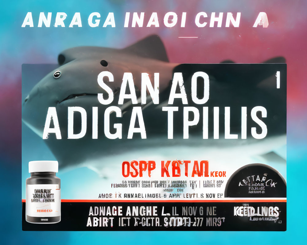 Dynamic Shark Advertisement with Text Overlays and Pill Bottles