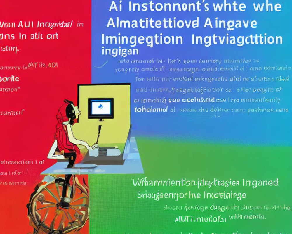 Person at Desk Surrounded by Distorted Text and Graphics in Vivid Colors