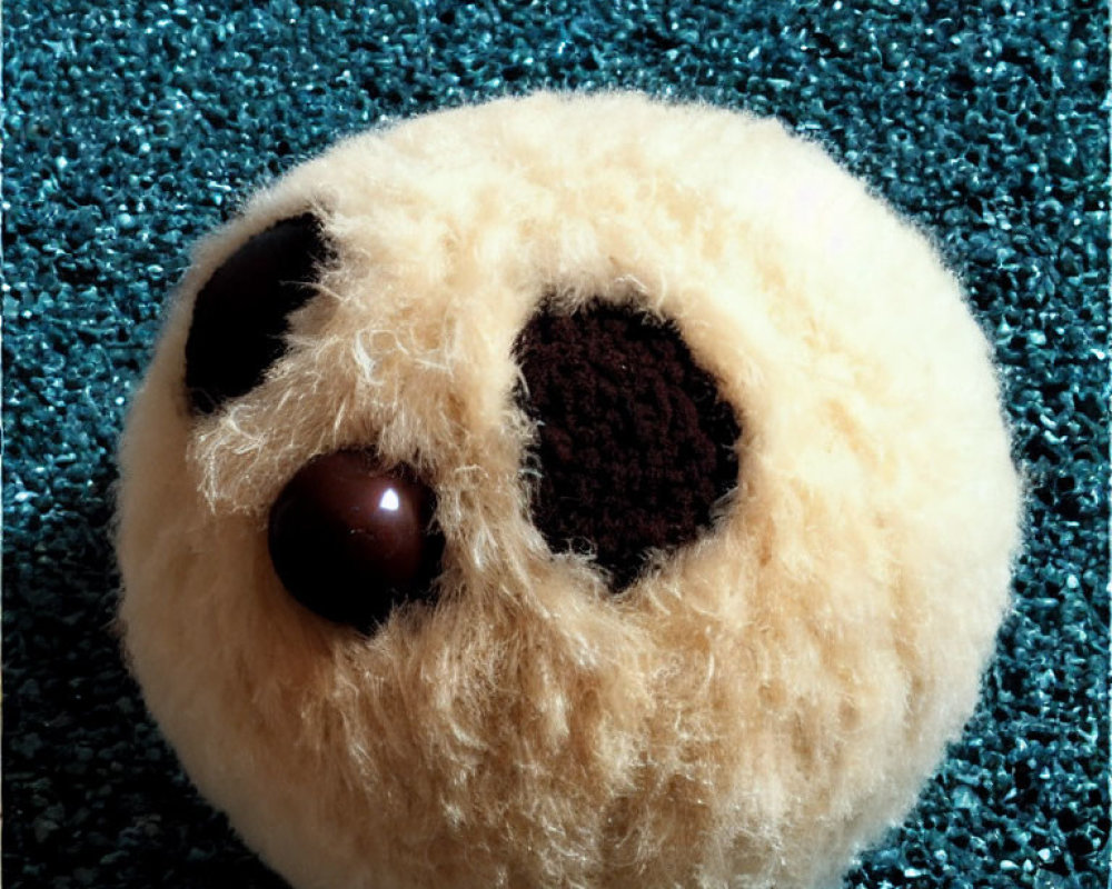 Round beige fluffy toy with dark center on blue textured surface