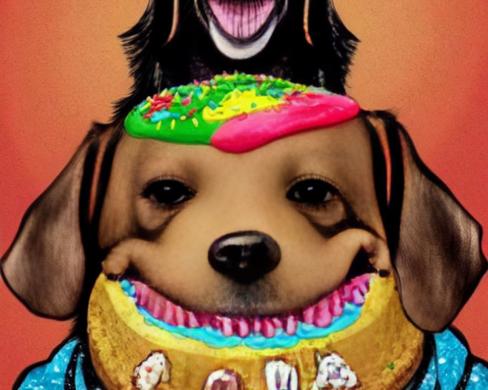 Whimsical hot dog dog art on red background