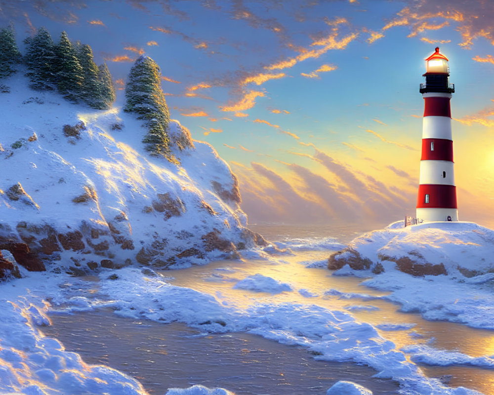 Snowy Cliff Winter Landscape with Red and White Striped Lighthouse