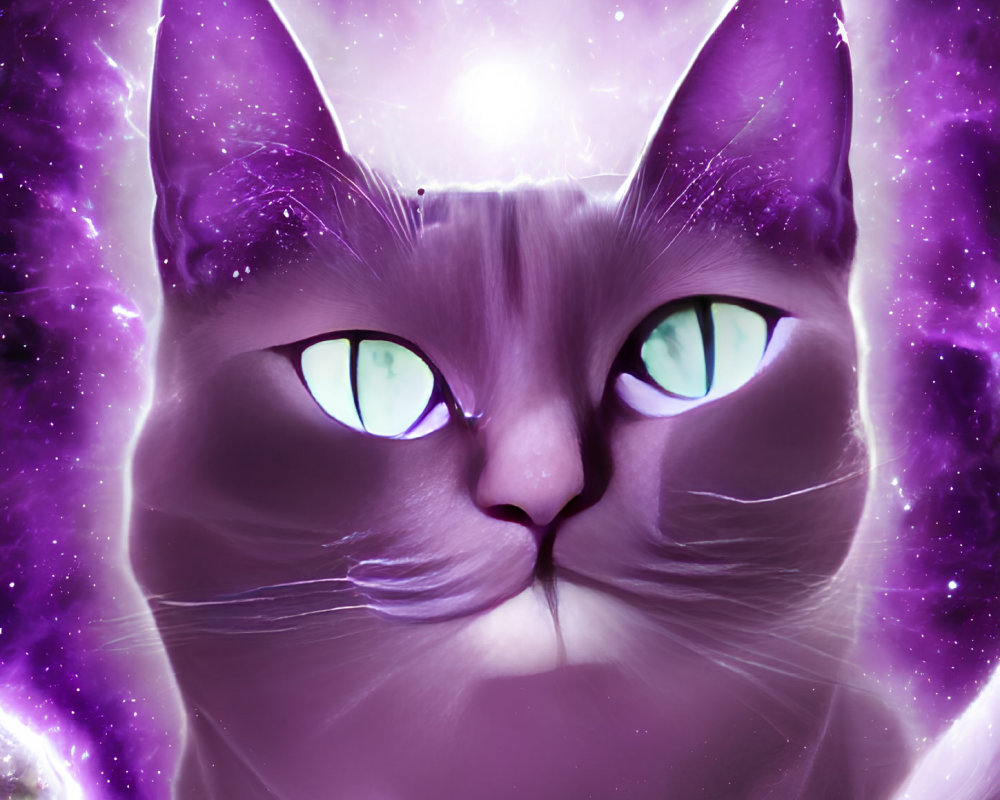 Cosmic-themed image: Cat with galaxy patterns and green eyes in starry space