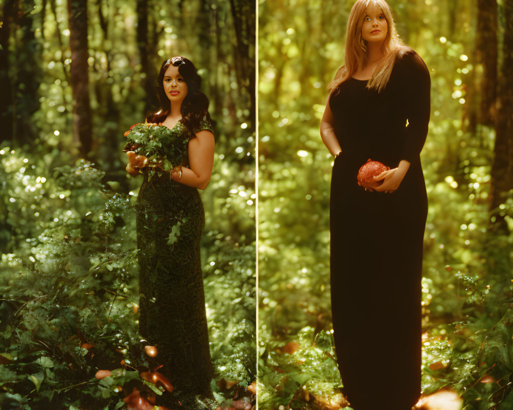 Two women in elegant dresses posing in sunlit forest with bouquet and single flower.