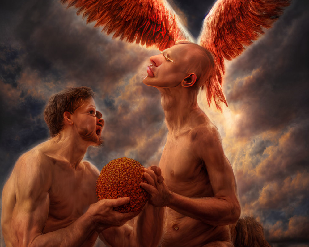 Mythological humanoid figures with wings under dramatic sky