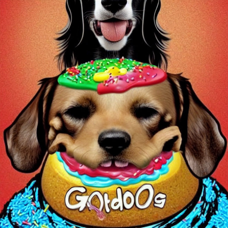 Whimsical dog illustration with donut collar on red background and "GatDoS" word