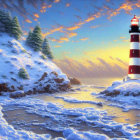 Snowy Cliff Winter Landscape with Red and White Striped Lighthouse